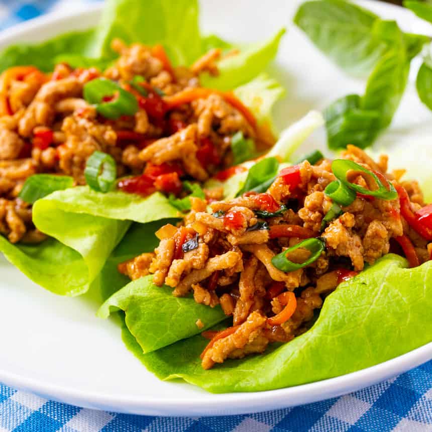 Thai Basil Mango Chicken Lettuce Wraps with Crispy Shallots
